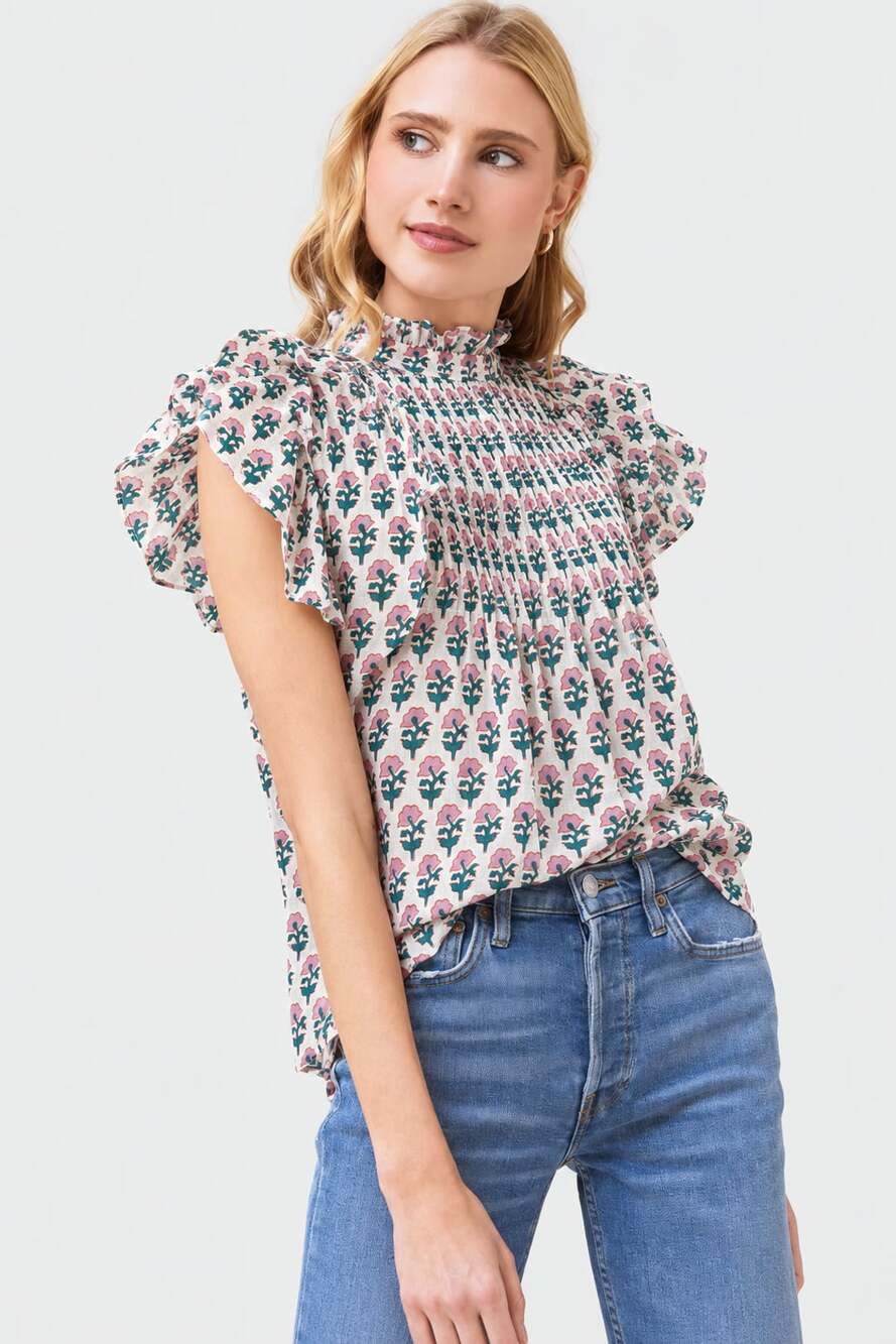 Oliphant Pintuck Ruffle Floral Top Pink Teal Organic Cotton Size L